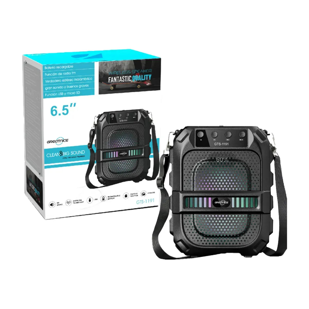 GTS-1191 10W Wireless Portable Bluetooth Speaker with 6.5" Subwoofer, FM Radio, 1200mAh Battery, Loud Volume, USB/AUX/TF Support, Belt Strap for Outdoor Travel, Party, Picnic, Camping Use